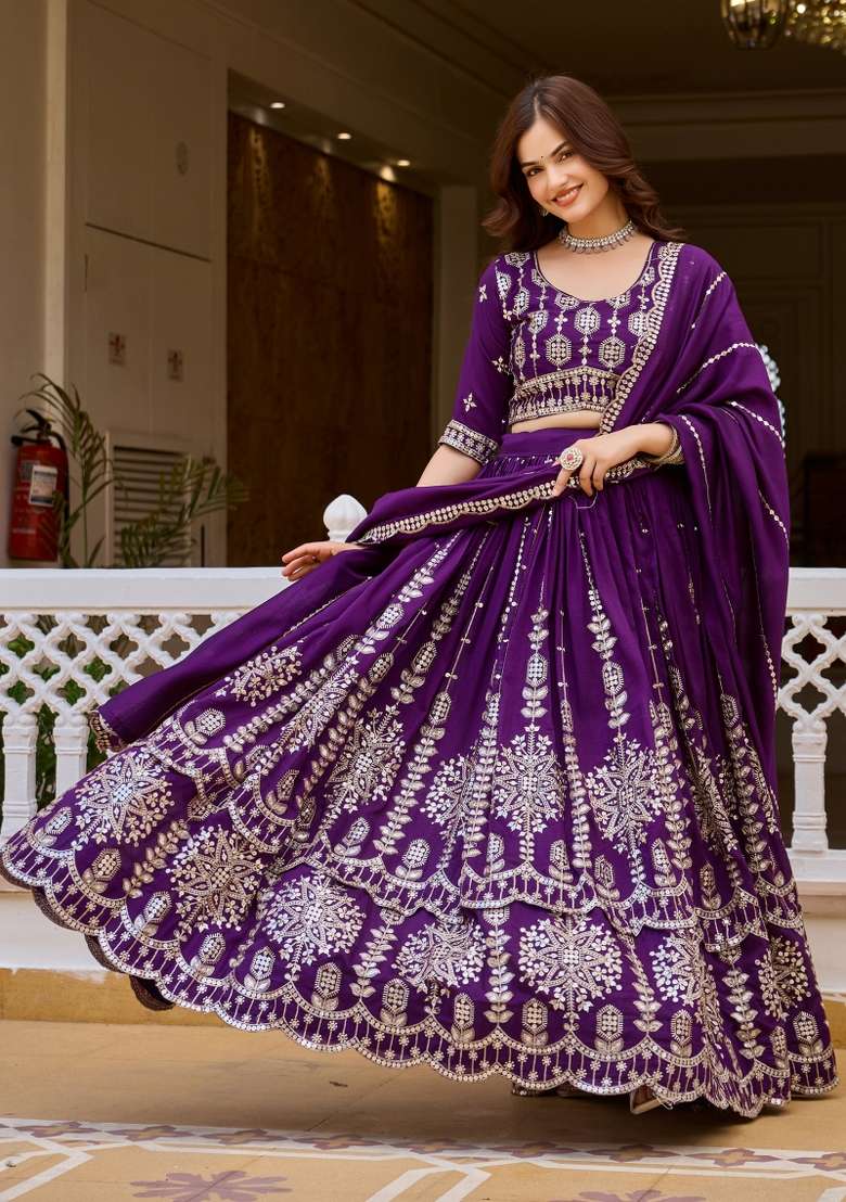 Purple Silk Blend Lehenga Set with Embroidered for Diwali | Wedding & Festive Wear - Indya