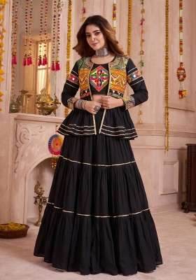 Black Cotton Lehenga Set with Mirror Work for Diwali | Wedding & Festive Wear
