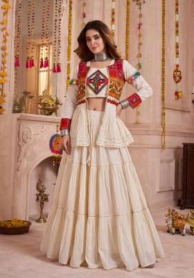 Cream Cotton Lehenga Set with Mirror Work for Diwali | Wedding & Festive Wear