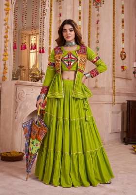 Green Cotton Lehenga Set with Mirror Work for Diwali | Wedding & Festive Wear