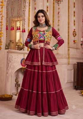 Maroon Cotton Lehenga Set with Mirror Work for Diwali | Wedding & Festive Wear