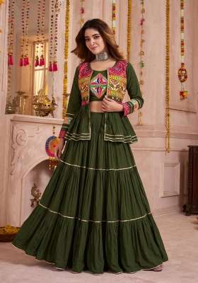 Mehendi Green Mirror Work Cotton Lehenga Set for Diwali and Festive Wear