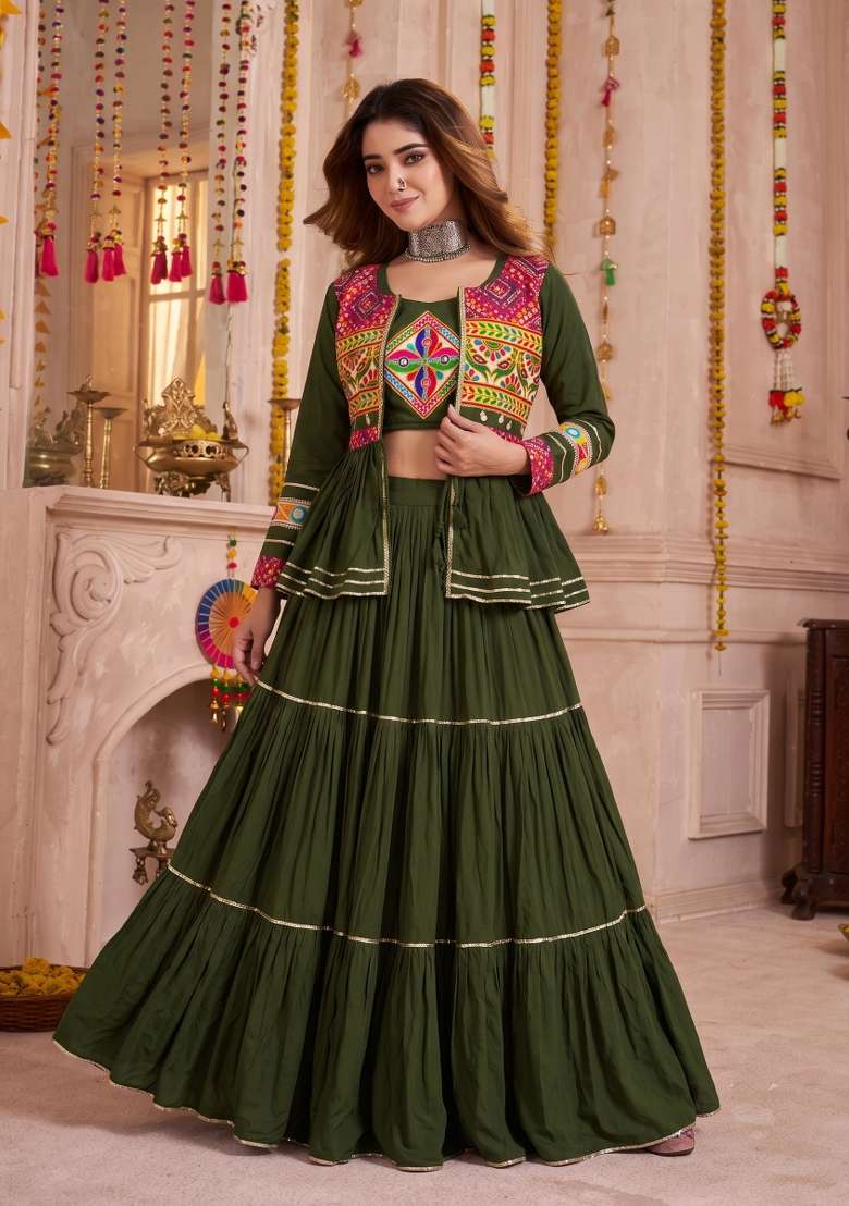 Mehendi Green Mirror Work Cotton Lehenga Set for Diwali and Festive Wear - Indya