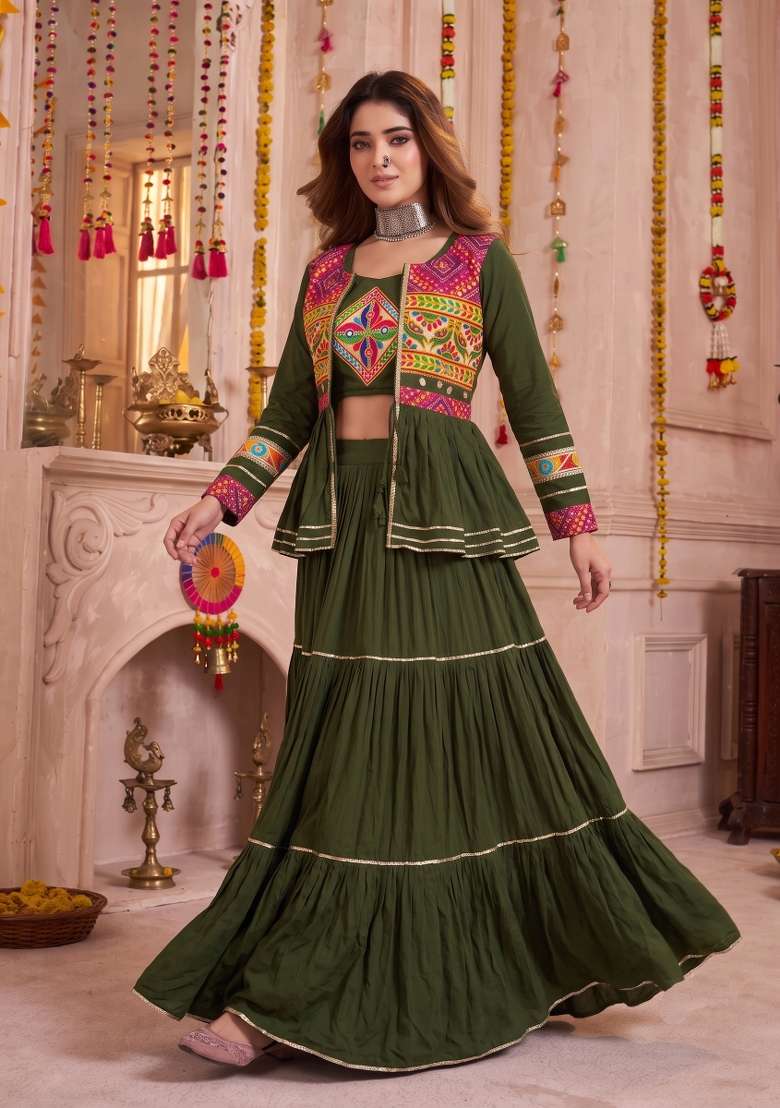 Mehendi Green Mirror Work Cotton Lehenga Set for Diwali and Festive Wear - Indya