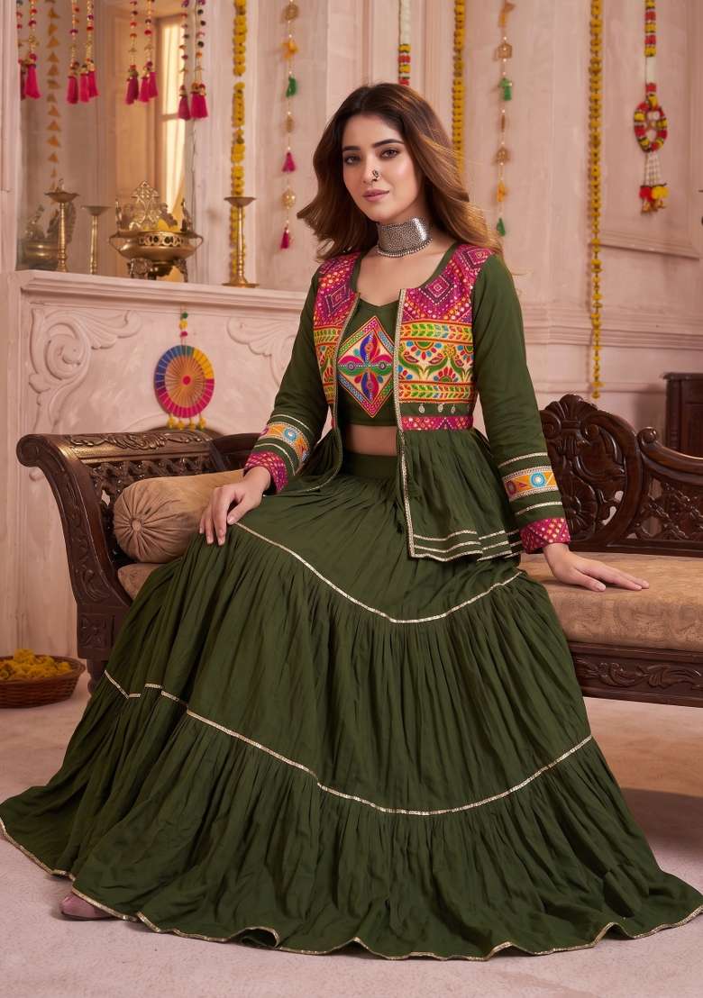 Mehendi Green Mirror Work Cotton Lehenga Set for Diwali and Festive Wear - Indya