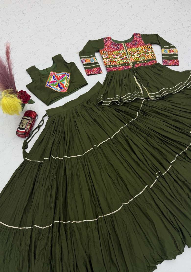 Mehendi Green Mirror Work Cotton Lehenga Set for Diwali and Festive Wear - Indya