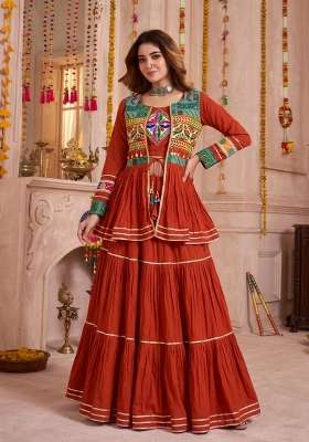 Orange Cotton Lehenga Set with Mirror Work for Diwali | Wedding & Festive Wear