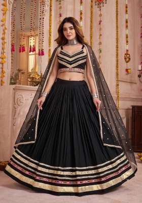 Black Mirror Work Cotton Lehenga Set for Diwali and Festive Wear