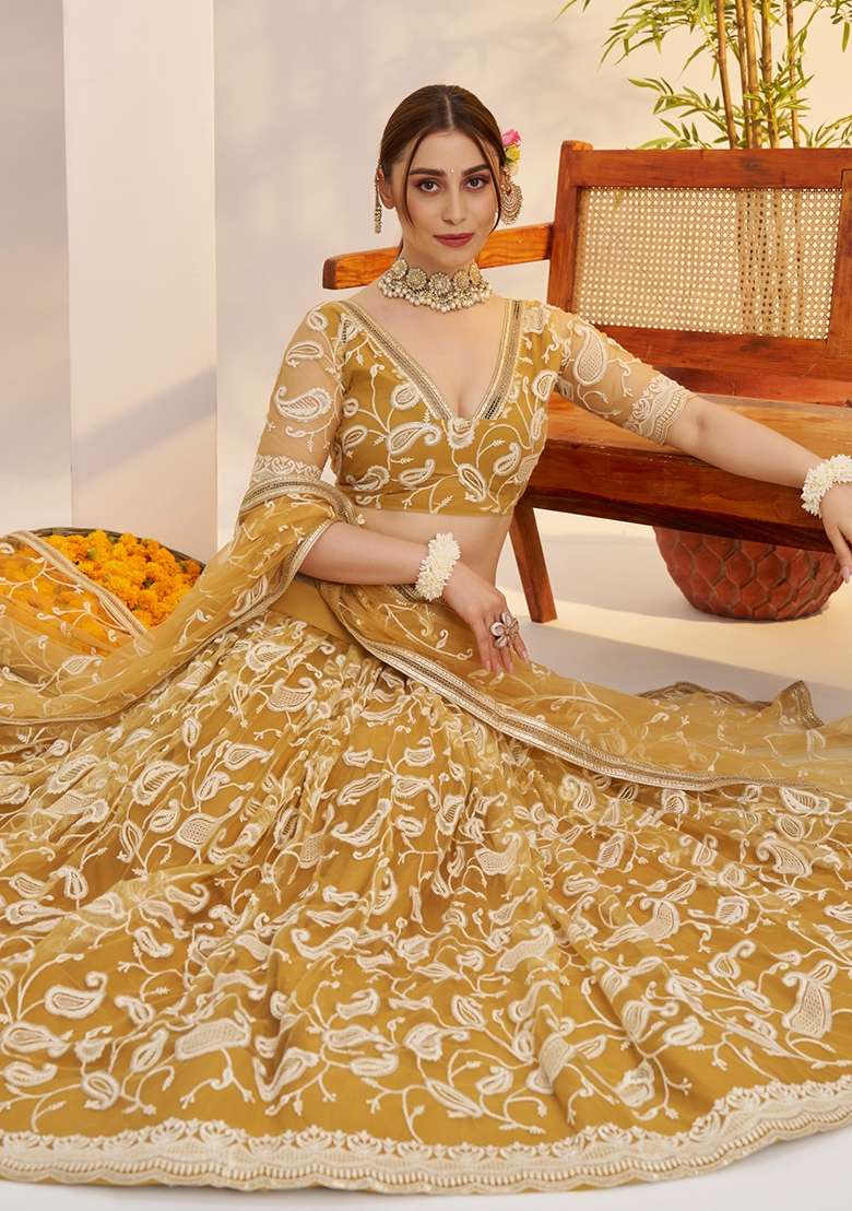 Light Gold Net Lehenga Set - Indya