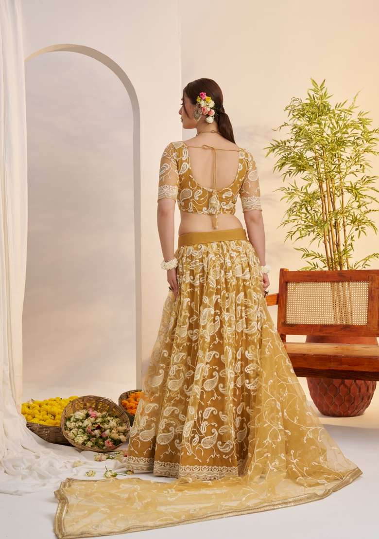 Light Gold Net Lehenga Set - Indya