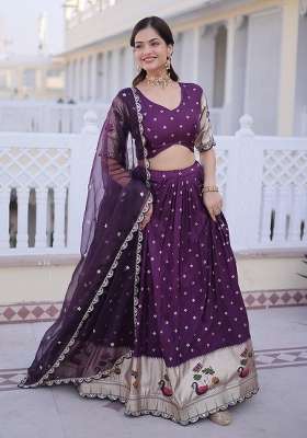Wine Silk Lehenga Set with Embroidery for Diwali | Wedding & Festive Wear