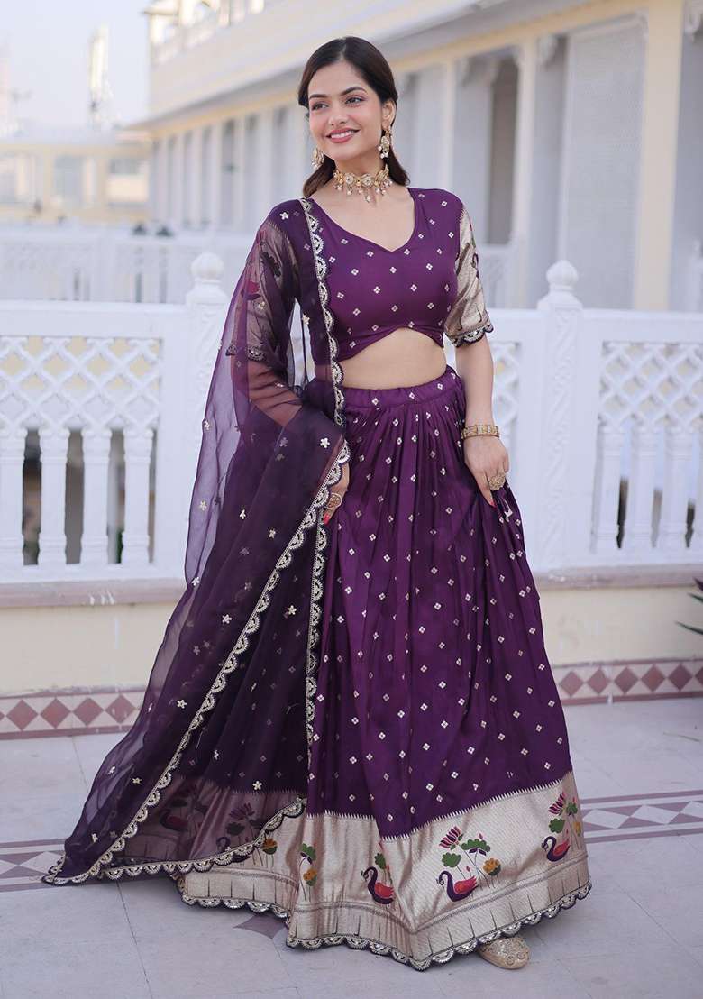 Wine Silk Lehenga Set with Embroidery for Diwali | Wedding & Festive Wear - Indya
