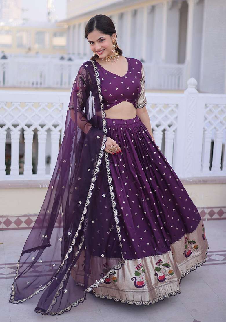 Wine Silk Lehenga Set with Embroidery for Diwali | Wedding & Festive Wear - Indya