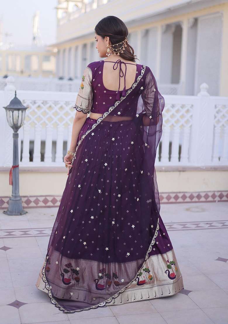 Wine Silk Lehenga Set with Embroidery for Diwali | Wedding & Festive Wear - Indya