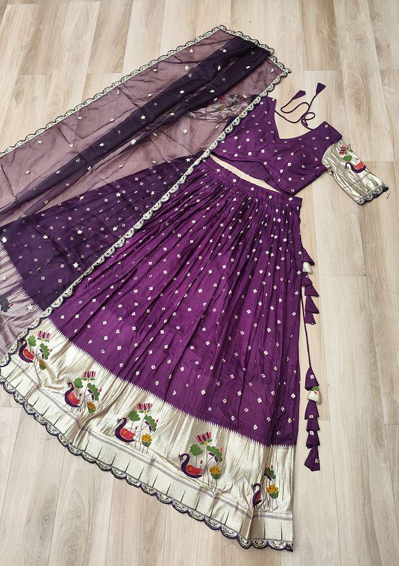 Wine Silk Lehenga Set with Embroidery for Diwali | Wedding & Festive Wear - Indya