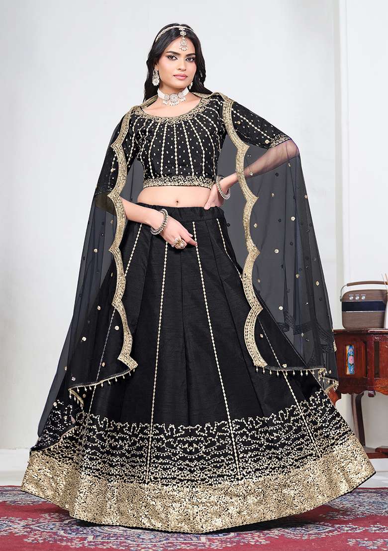 Black Silk Lehenga Set with Embroidery for Diwali | Wedding & Festive Wear - Indya