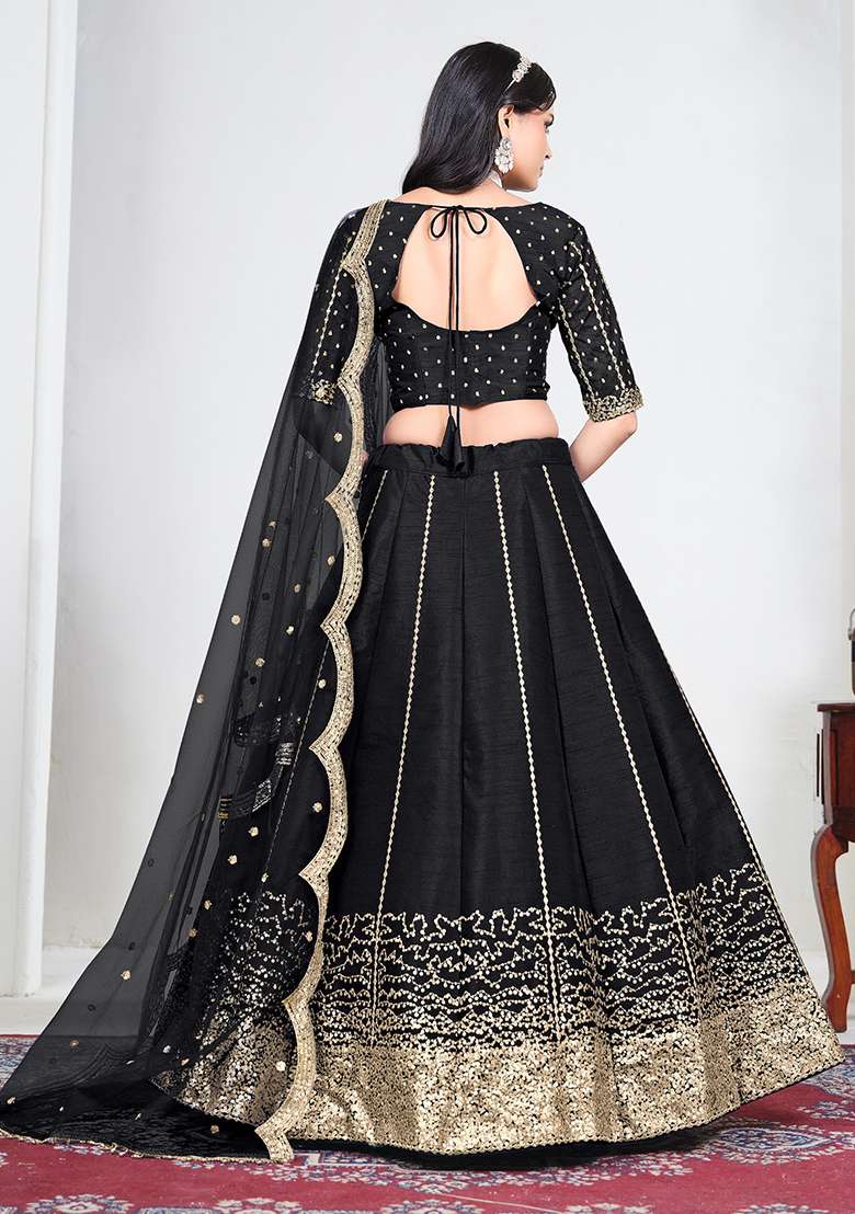 Black Silk Lehenga Set with Embroidery for Diwali | Wedding & Festive Wear - Indya