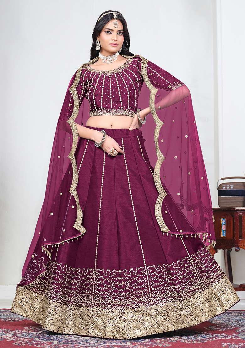 Wine Silk Lehenga Set with Embroidery for Diwali | Wedding & Festive Wear - Indya