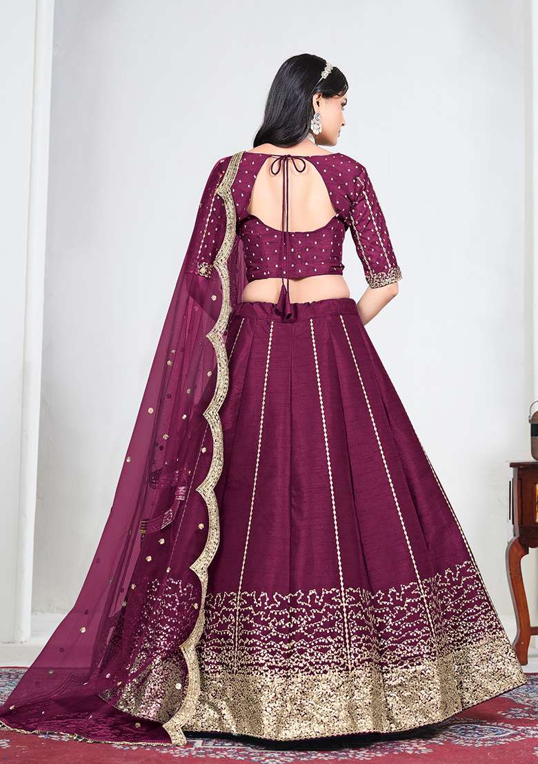 Wine Silk Lehenga Set with Embroidery for Diwali | Wedding & Festive Wear - Indya