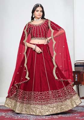 Red Embroidery Silk Lehenga Set for Diwali and Festive Wear