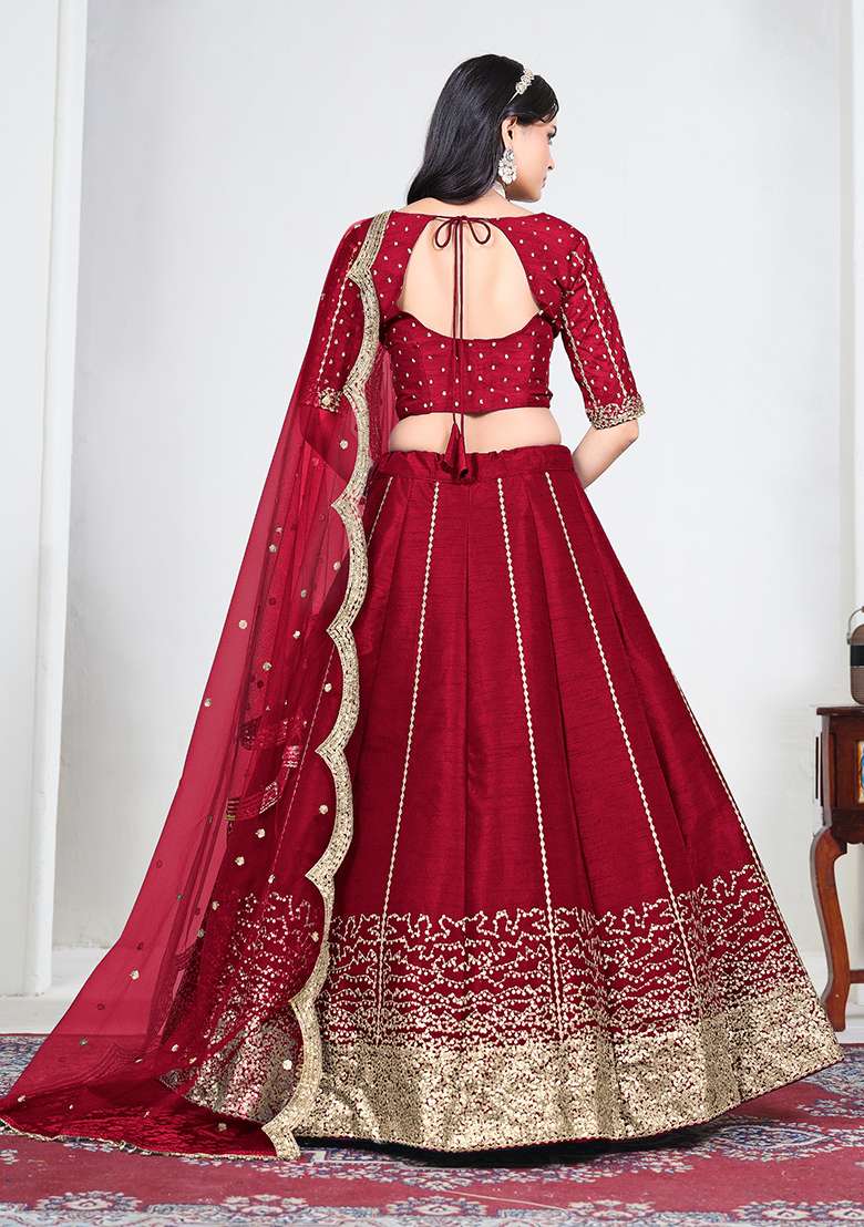 Red Embroidery Silk Lehenga Set for Diwali and Festive Wear - Indya