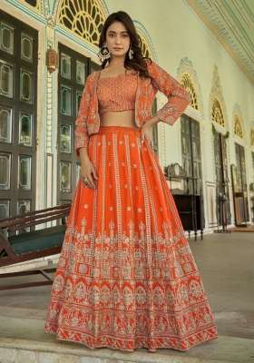 Orange Embroidery Chinon Lehenga Set for Diwali and Festive Wear