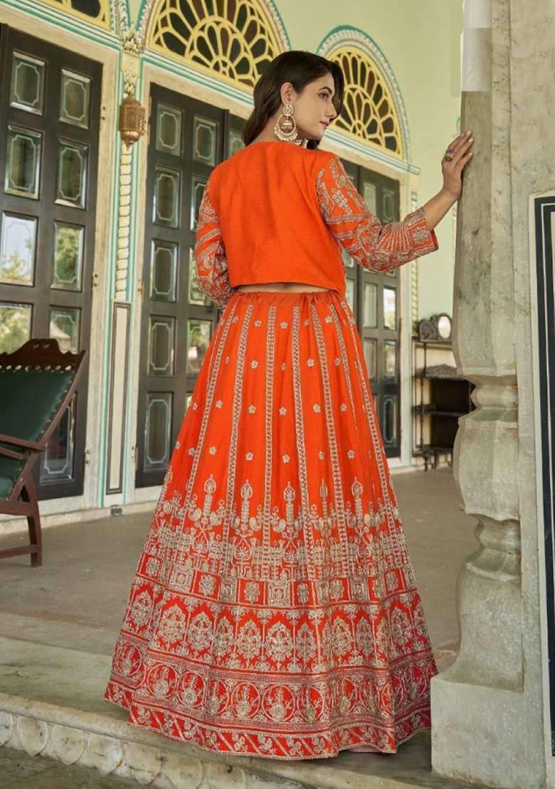 Orange Embroidery Chinon Lehenga Set for Diwali and Festive Wear - Indya