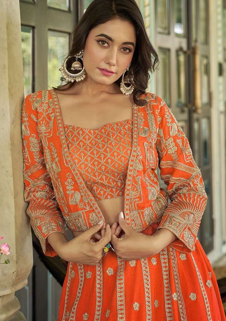 Orange Embroidery Chinon Lehenga Set for Diwali and Festive Wear - Indya