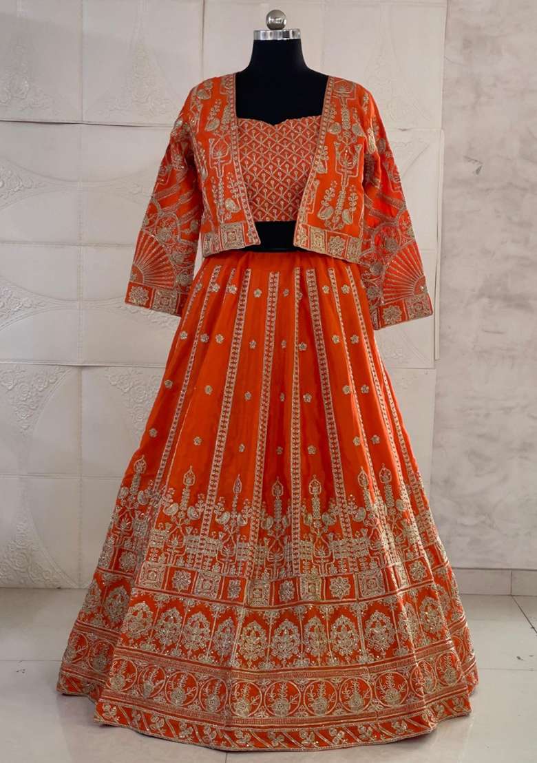 Orange Embroidery Chinon Lehenga Set for Diwali and Festive Wear - Indya