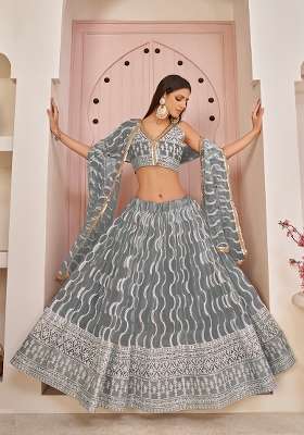 Grey Net Lehenga Set with Embroidery for Diwali | Wedding & Festive Wear