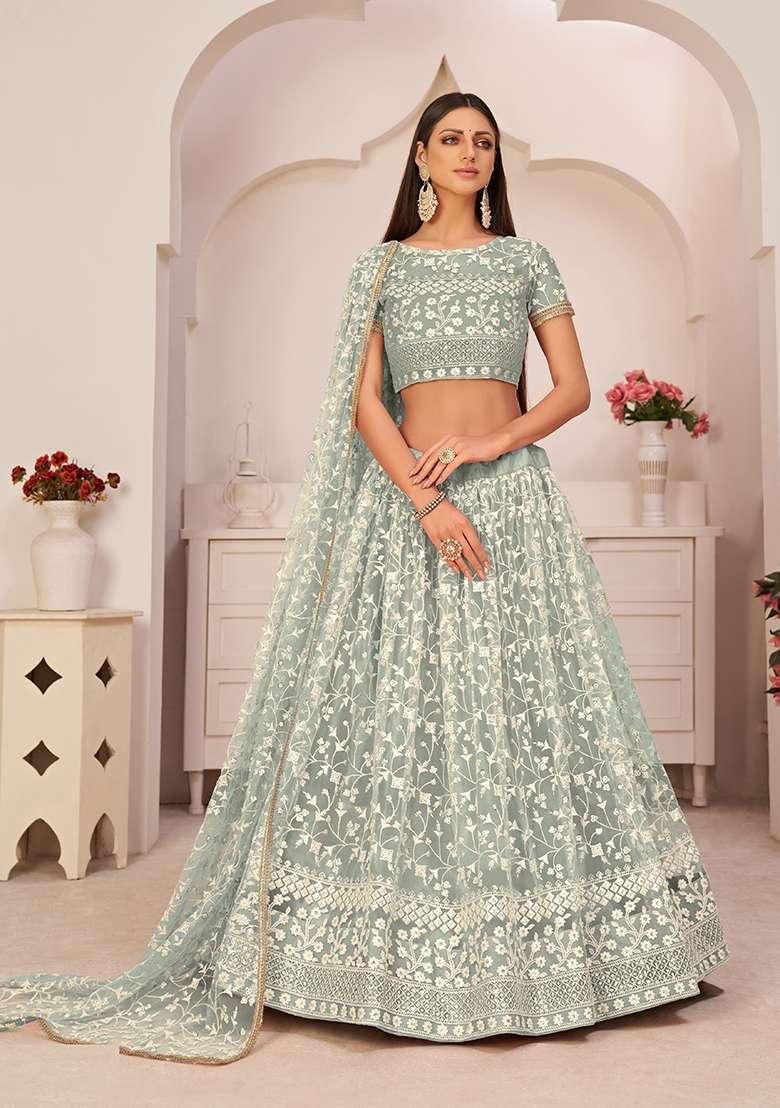 Light Green Net Lehenga Set with Embroidery for Diwali | Wedding & Festive Wear - Indya