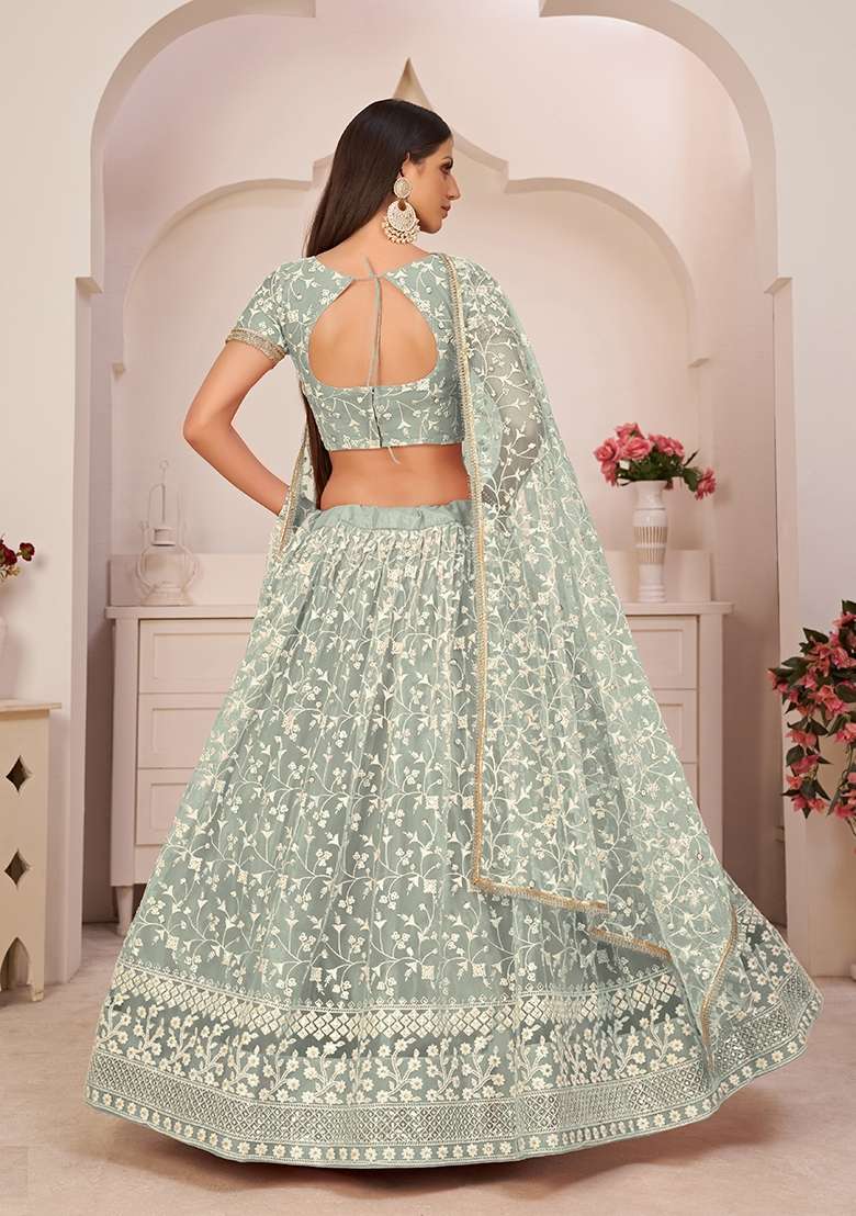 Light Green Net Lehenga Set with Embroidery for Diwali | Wedding & Festive Wear - Indya
