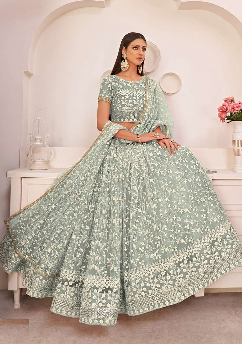 Light Green Net Lehenga Set with Embroidery for Diwali | Wedding & Festive Wear - Indya