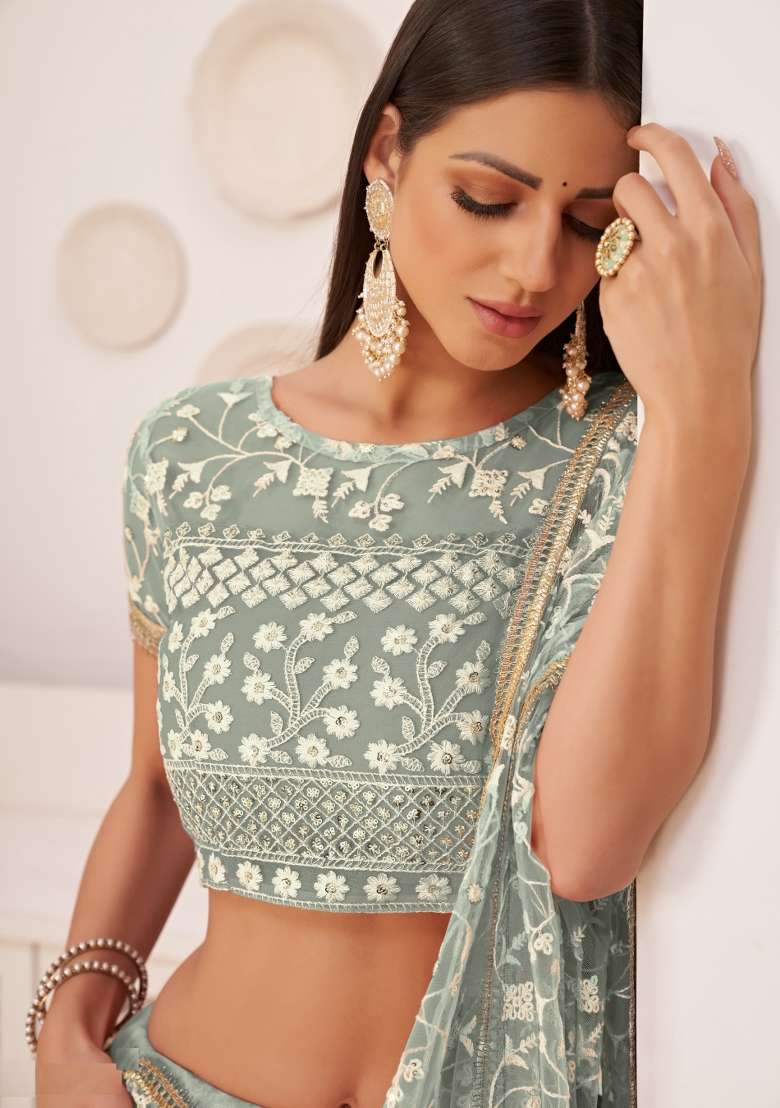 Light Green Net Lehenga Set with Embroidery for Diwali | Wedding & Festive Wear - Indya