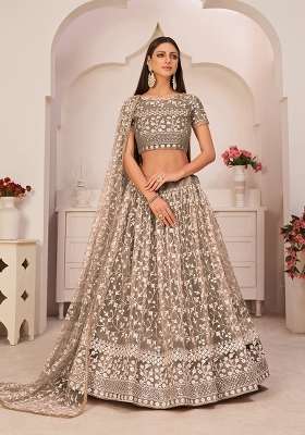 Brown Embroidery Net Lehenga Set for Diwali and Festive Wear