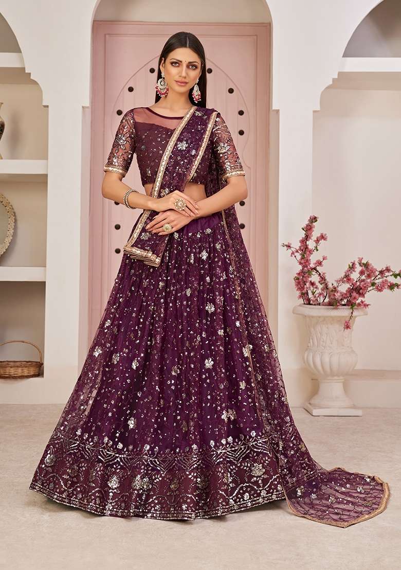 Wine Net Lehenga Set with Embroidery for Diwali | Wedding & Festive Wear - Indya