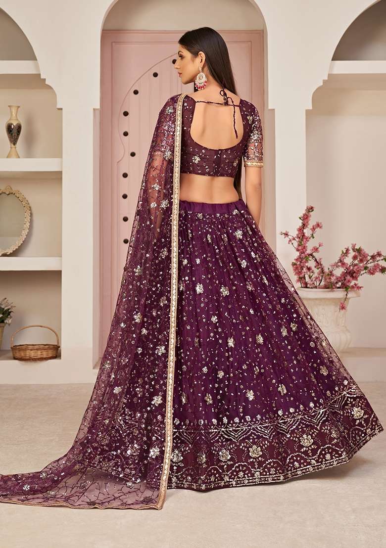 Wine Net Lehenga Set with Embroidery for Diwali | Wedding & Festive Wear - Indya