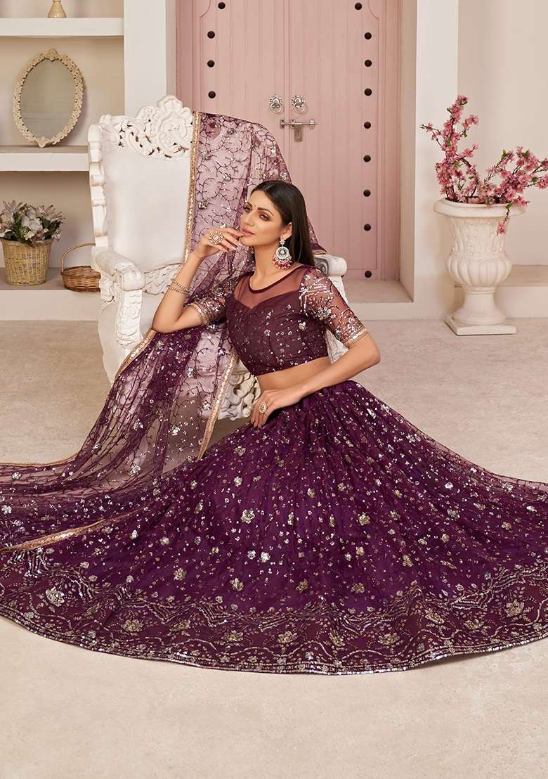 Wine Net Lehenga Set with Embroidery for Diwali | Wedding & Festive Wear - Indya
