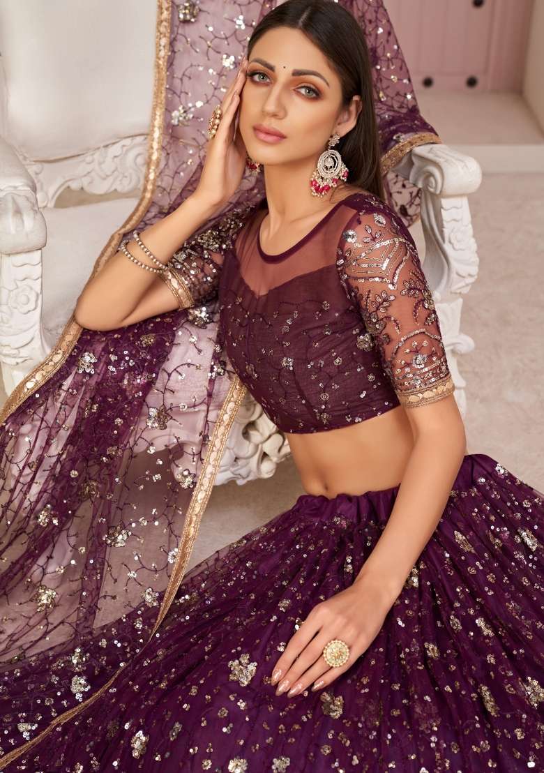 Wine Net Lehenga Set with Embroidery for Diwali | Wedding & Festive Wear - Indya
