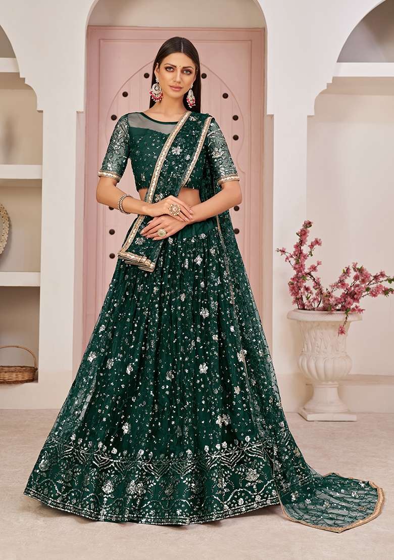 Green Net Lehenga Set with Embroidery for Diwali | Wedding & Festive Wear - Indya