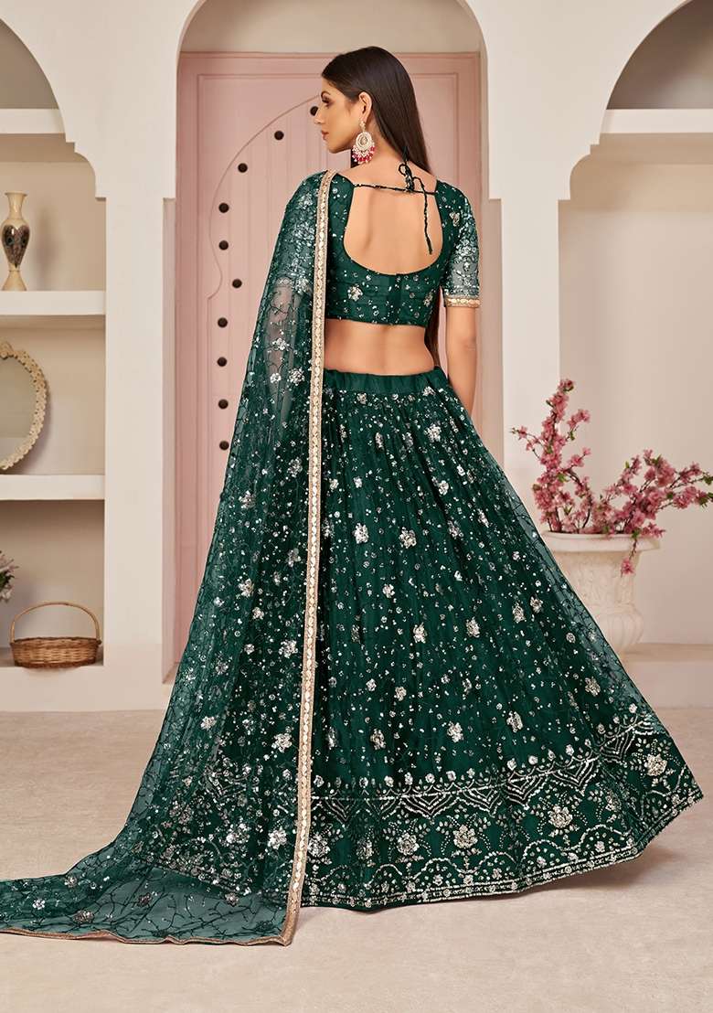 Green Net Lehenga Set with Embroidery for Diwali | Wedding & Festive Wear - Indya