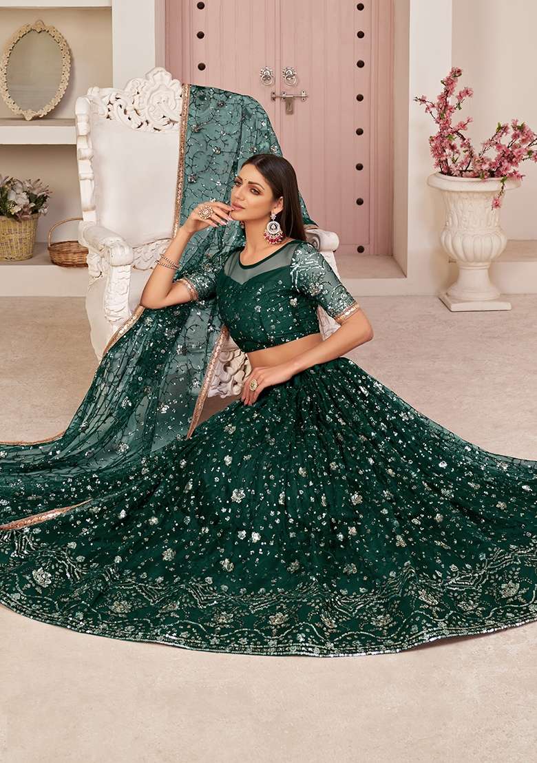 Green Net Lehenga Set with Embroidery for Diwali | Wedding & Festive Wear - Indya