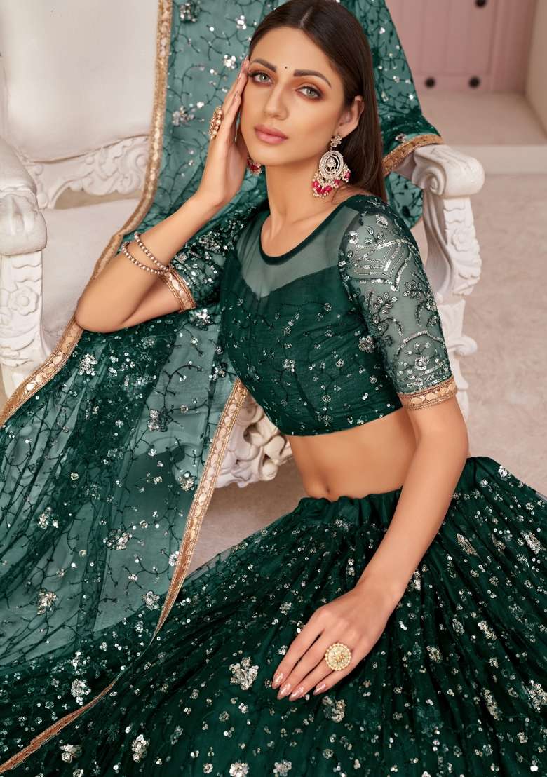 Green Net Lehenga Set with Embroidery for Diwali | Wedding & Festive Wear - Indya