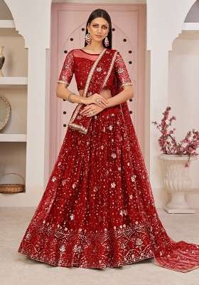 Red Net Lehenga Set with Embroidery for Diwali | Wedding & Festive Wear