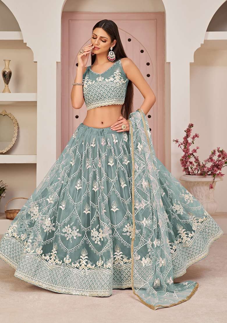 Sky Blue Embroidery Net Lehenga Set for Diwali and Festive Wear - Indya