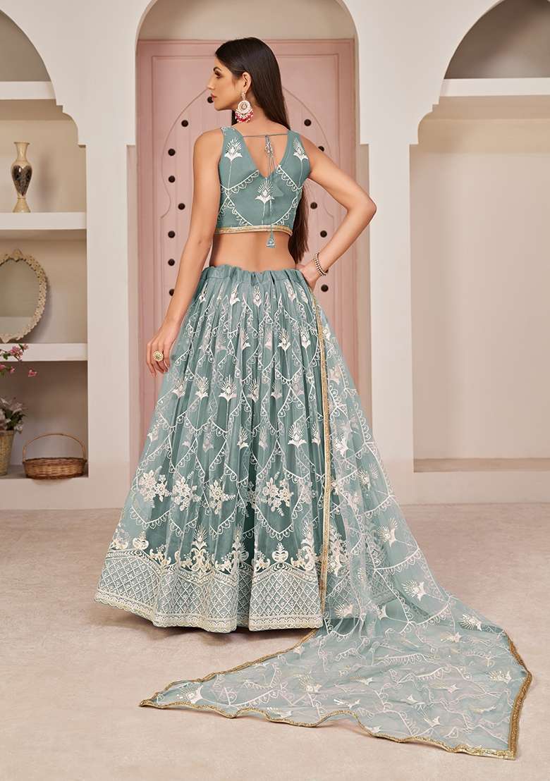 Sky Blue Embroidery Net Lehenga Set for Diwali and Festive Wear - Indya