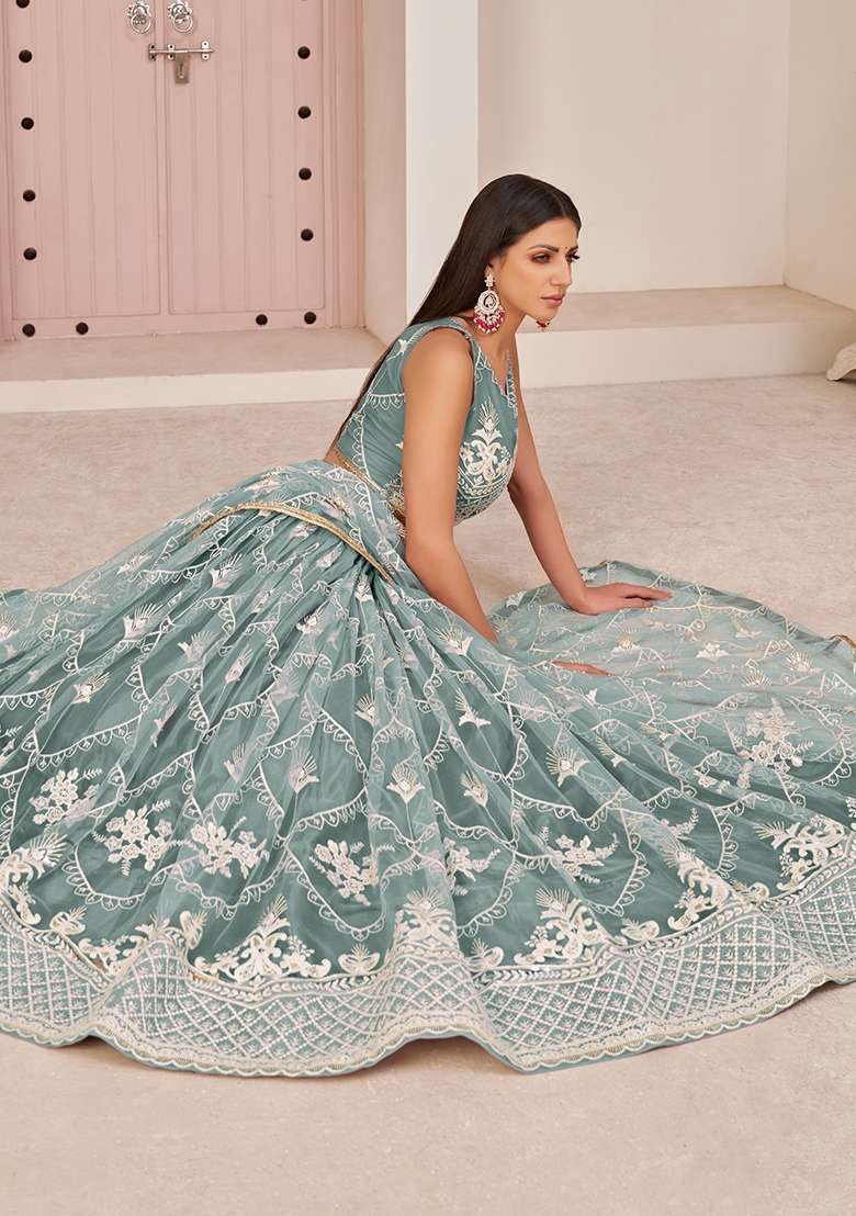 Sky Blue Embroidery Net Lehenga Set for Diwali and Festive Wear - Indya