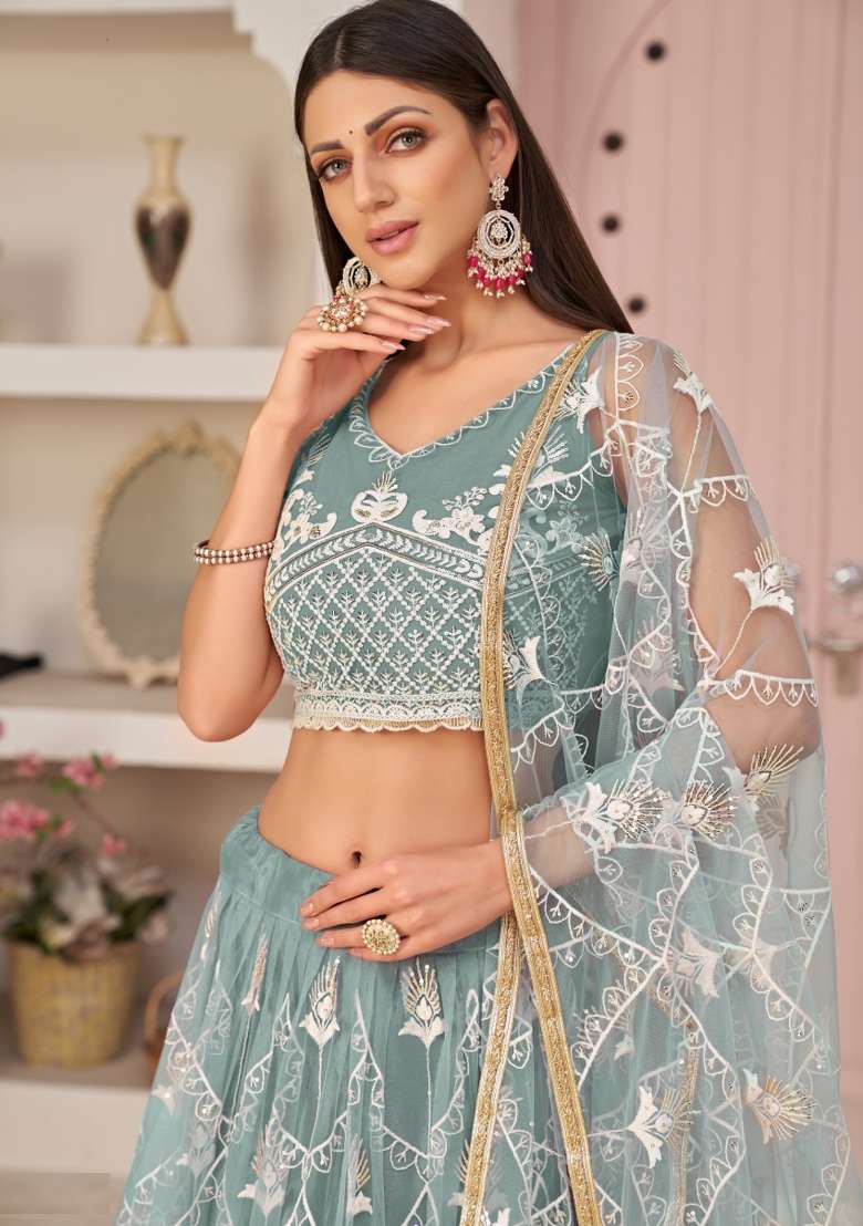 Sky Blue Embroidery Net Lehenga Set for Diwali and Festive Wear - Indya
