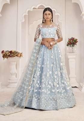 Light Sky Blue Net Lehenga Set with Embroidery for Diwali | Wedding & Festive Wear