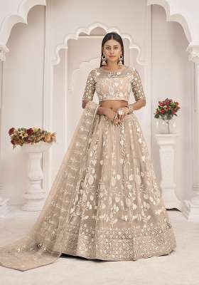 Chiku Net Lehenga Set with Embroidery for Diwali | Wedding & Festive Wear